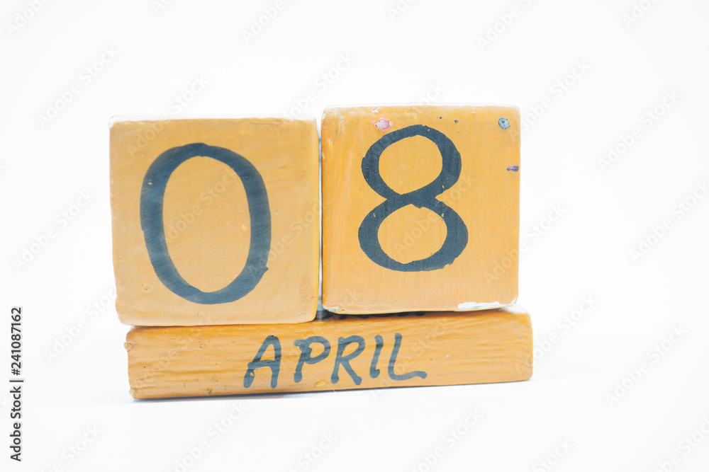 april 8th. Day 8 of month, handmade wood calendar isolated on white background. spring month, day of the year concept. april 8th. Day 8 of month, handmade wood calendar isolated on white background. spring month, day of the year concept.
