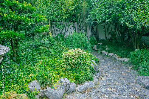 Path between trees in a traditional Chinese garden, near West Lake, Hangzhou, China photo