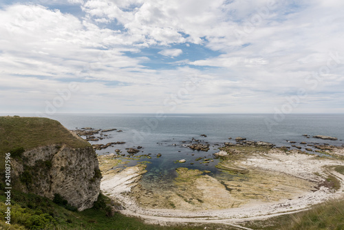 Elevated view of the exposed rocks at Whalers Bay, Kaikoura Peninsula, New Zealand, at low tide.