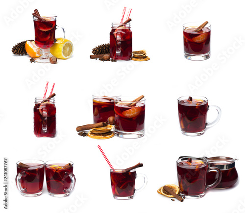 mulled wine with spices isolated on white background. Winter alcoholic cocktail. Christmas drink.