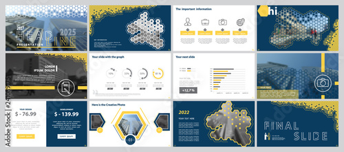 Template presentation. Blue, yellow. White background. Multipurpose template for slides, business infographics. Postcard, flat, corporate report, marketing, advertising, annual report, digital, vector