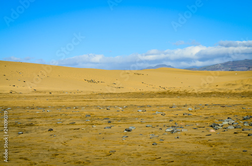 Sand dunes in the desert warm dry sand under blue sky