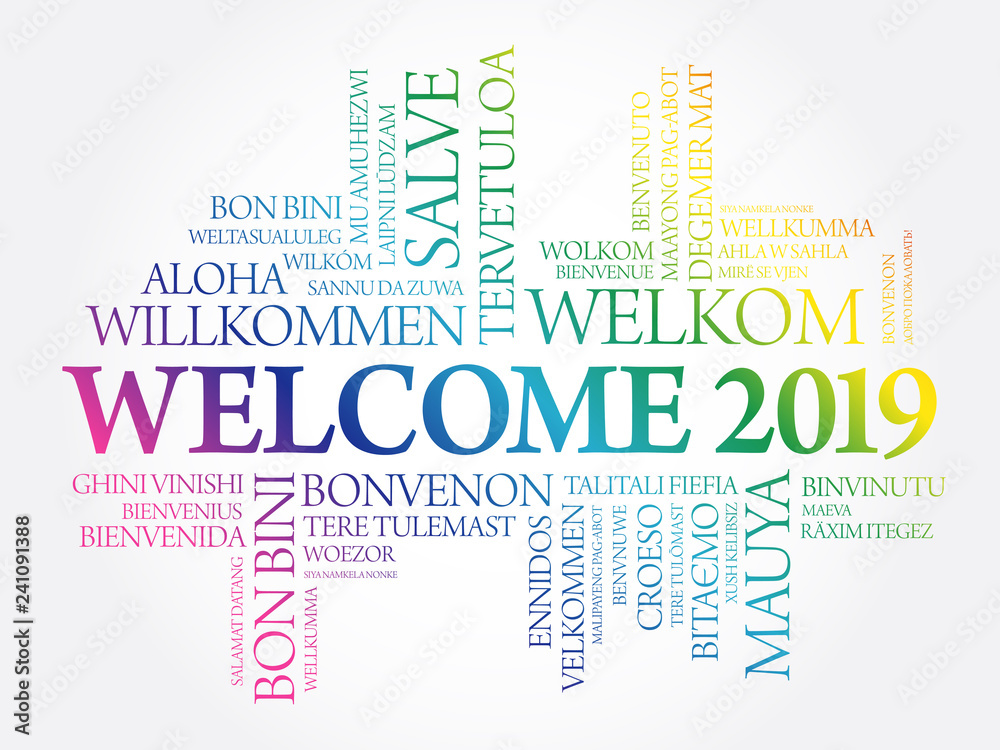WELCOME 2019 word cloud in different languages, conceptual background