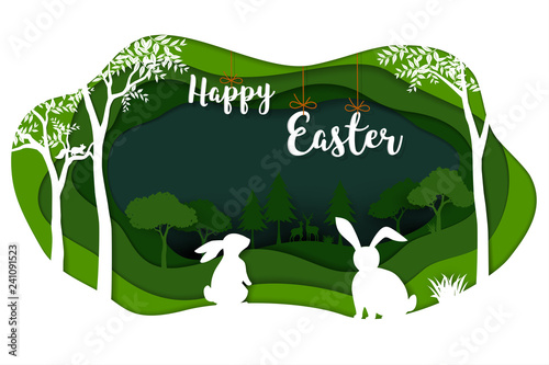 Happy Easter with white rabbits on green nature landscape paper art scene background