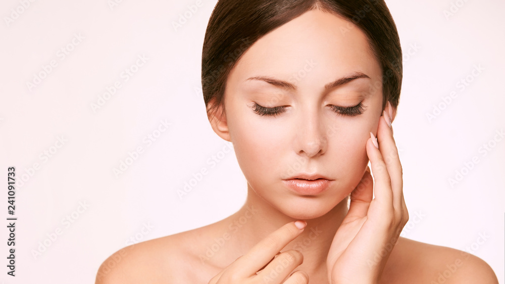 Beauty cosmetology face. Girl facial portrait. Hydra cream and injection. Dermatology female model. Young woman Beauty cosmetology face. Girl facial portrait. Hydra cream and injection. Dermatology female model. Young woman