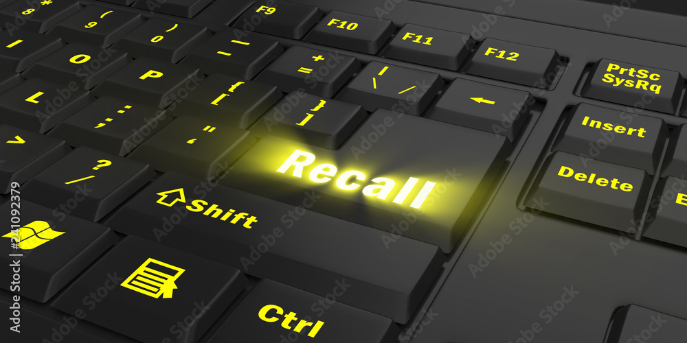 yellow glowing Recall key on black computer keyboard, 3d illustration yellow glowing Recall key on black computer keyboard, 3d illustration