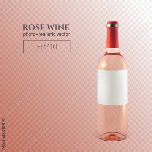 Photorealistic bottle of rose wine on a transparent background. Mock up transparent bottle of wine. This wine bottle can be placed on any background.