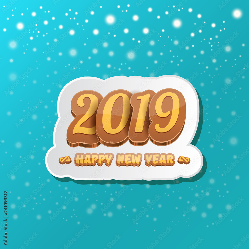 2019 Happy new year design background or greeting card with colorful numbers and greeting text. Happy new year label or icon isolated on azure background with snowflakes