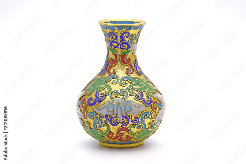 Vase : Antique Chinese Cloisonne enamel vase isolated on white background Vase : Antique Chinese Cloisonne enamel vase isolated on white background