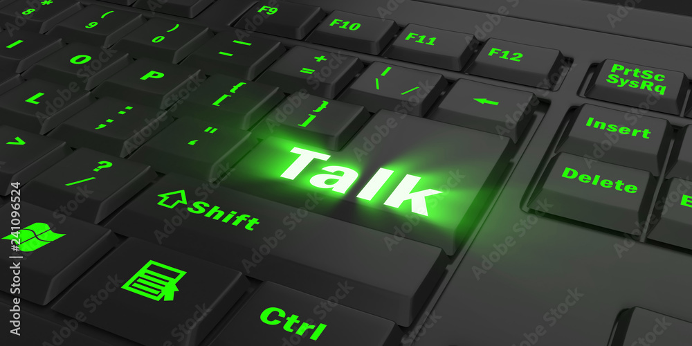 green glowing Talk key on black computer keyboard, 3d illustration