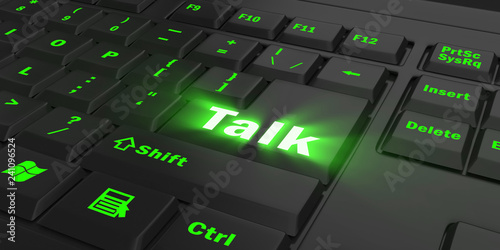 green glowing Talk key on black computer keyboard, 3d illustration