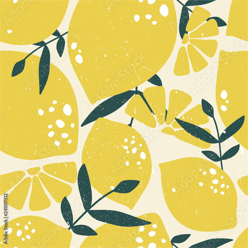 Fresh lemons, leaves background. Hand drawn overlapping backdrop. Colorful wallpaper vector. Seamless pattern with citrus fruits collection. Decorative illustration, good for printing