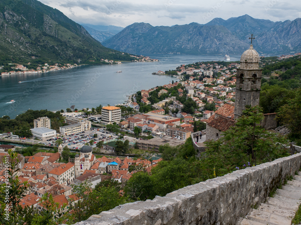 Walls overlooking the bay of Kotor with a church tower