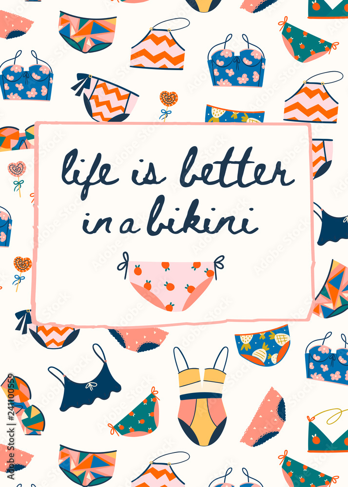 Vrijgevigheid Vacature zwart Life is better in a bikini. Hand drawn panties. Colored vector  illustration. Swimsuit background Stock Vector | Adobe Stock