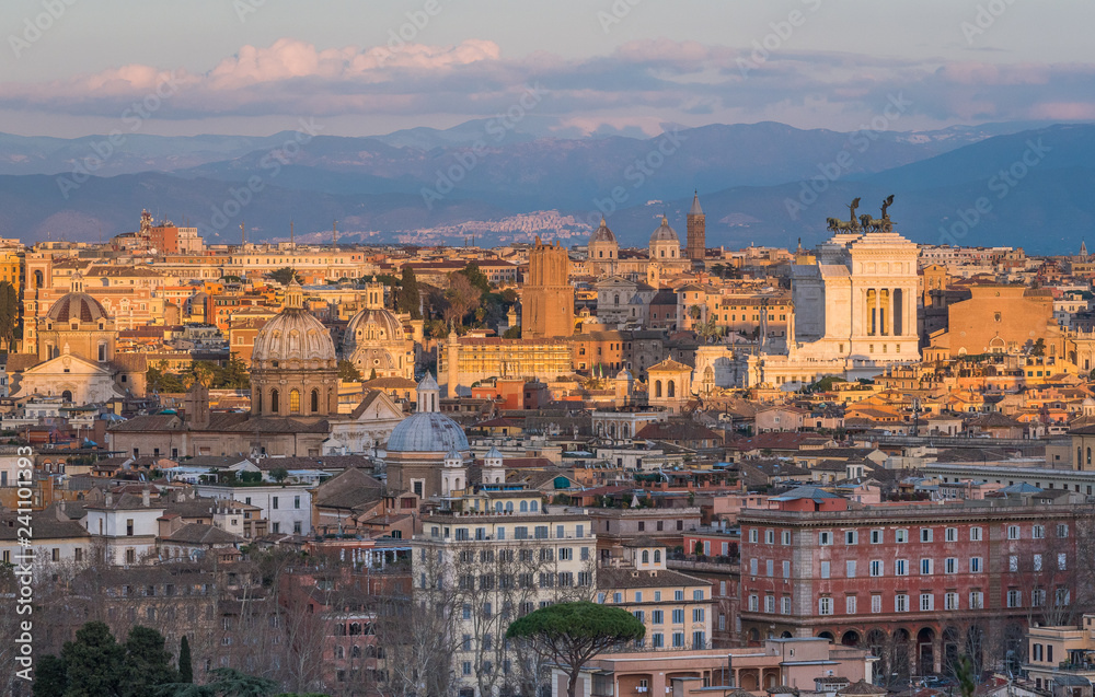 Panorama from the Gianicolo Terrace with the Altare della Patria, in Rome, Italy.