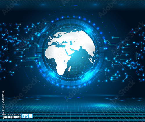 Hologram planet Earth in window virtual touchscreen user interface. Futuristic planet on target screen