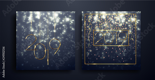 Christmas and New Year posters set. Happy New Year 2019 winter holiday greeting card design template. Party poster, banner or invitation gold glittering stars confetti glitter decoration.