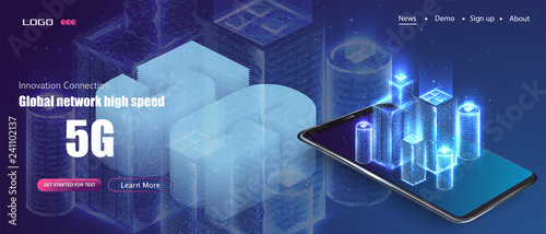 5G new wireless internet wifi connection. Smart city or intelligent building isometric vector concept. Building automation with computer networking illustration. low poly wireframe