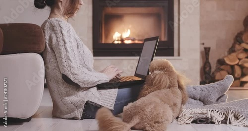 Cinemagraph - Young freelancer woman and her dog sits at the floor with a laptop on the fireplace background.  Living Photo. 