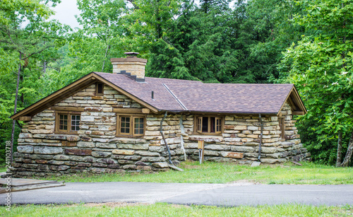 Historic Stone Lodge. Historic stone lodge built by the CCC in the 1930 s at Pickett State Park in Jamestown  Tennessee. The cottages and cabins now serve the state park as rentals for visitors.