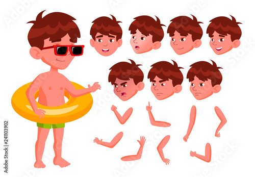 Boy Kid Vector. Positive Child In Water Park. Emotions, Gestures. Summer Vacation. Animation Creation Set. Isolated Flat Cartoon Character Illustration