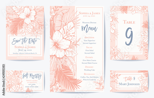 Vector Retro Floral Exotic Tropical Wedding Save the Date, Menu Card Set. See portfolio for matching invitation set