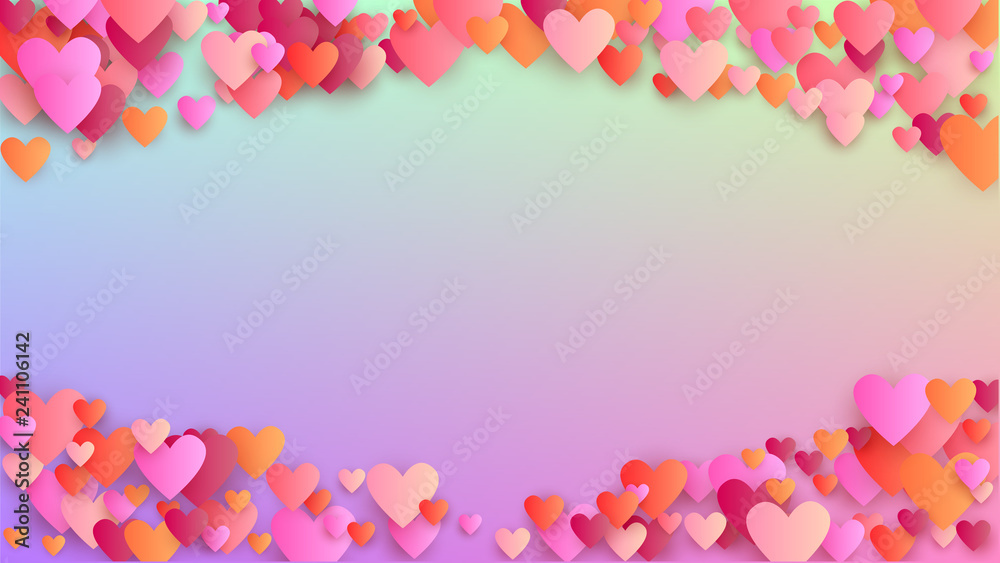 Wedding Background. Flyer Template. Many Random Falling Pink Hearts on Hologram Backdrop. Heart Confetti Pattern. Vector Wedding Background.