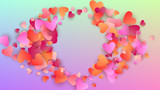Valentine's Day Background. Poster Template. Many Random Falling Purple Hearts on Hologram Backdrop. Heart Confetti Pattern. Vector Valentine's Day Background.