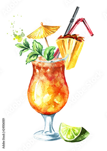 Mai Tai Cocktail with Pineapple, mint, lime and Rum. Watercolor hand drawn illustration  isolated on white background photo