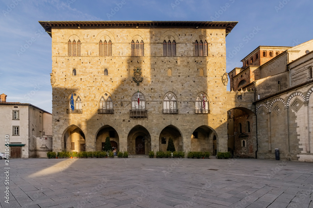 The Piazza del Duomo in Pistoia and the Palazzo del Comune without people, Tuscany, Italy
