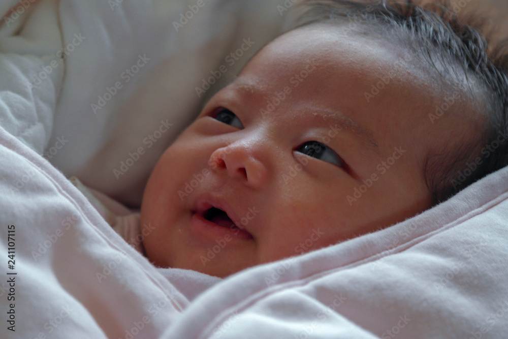 Bebe Tout Petit Nouveau Ne Fille Metisse Chinoise Francaise Eurasienne Souriant Dans Des Langes Roses Stock Photo Adobe Stock