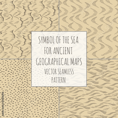 Symbol of the seas and oceans for ancient geographical maps. Vector seamless pattern