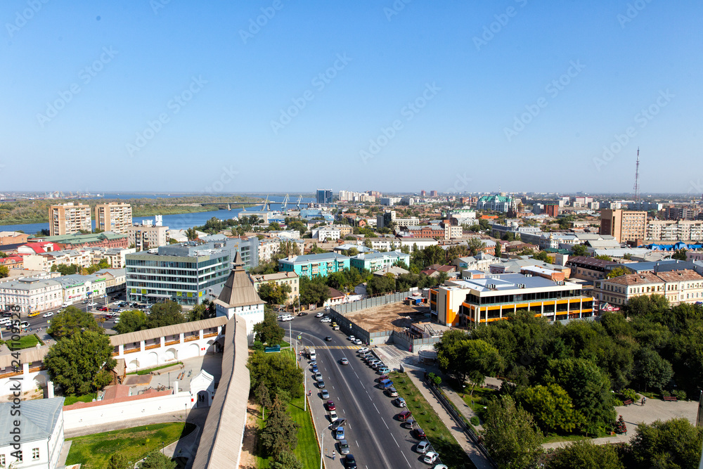 Top view of the city of Astrakhan and the Astrakhan Kremlin. Russia