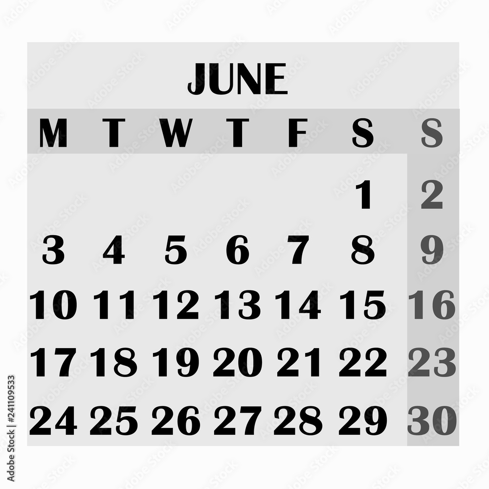 Obraz premium Calendar design month june 2019. Year 2019 calendar. Simple design for calendar 2019. Calendar for organization and business. Week Starts Monday.