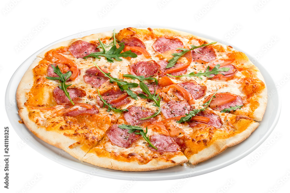 Pizza with salami and bell peppers. On a white background