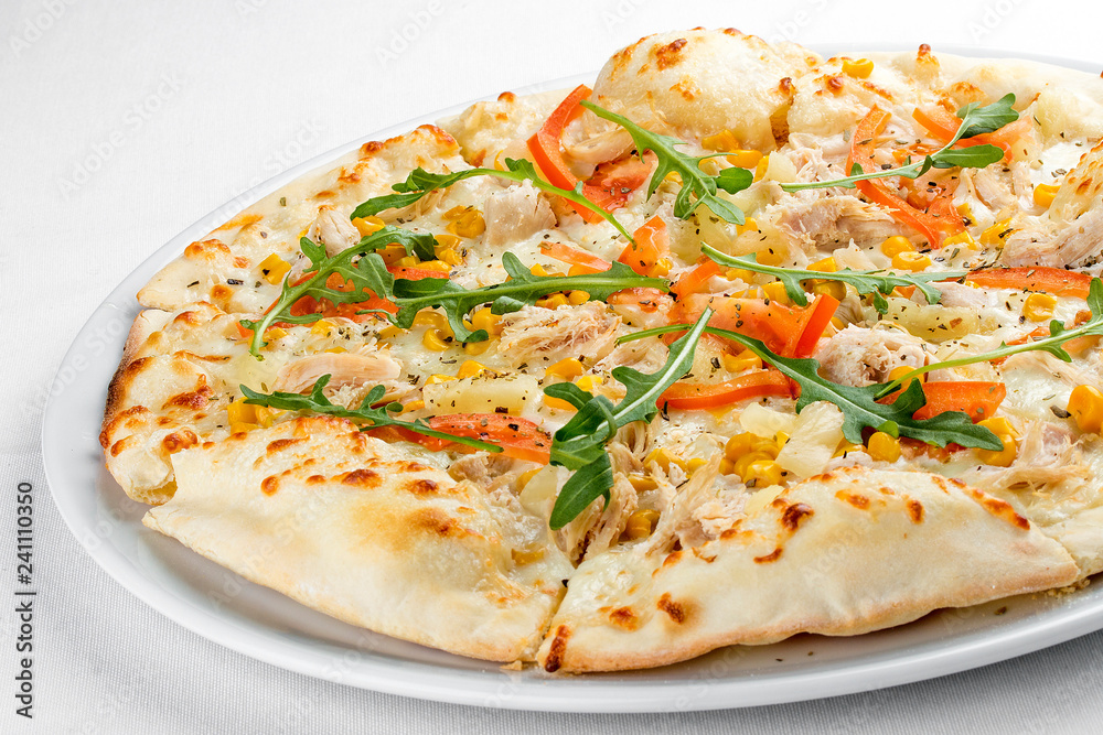 Pizza with chicken and pineapple. On a white background