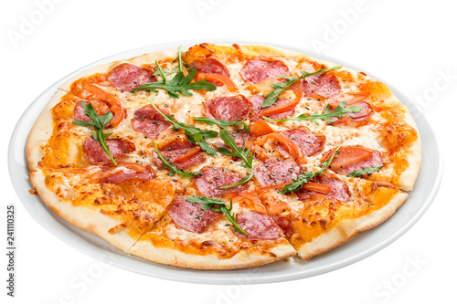 Pizza with salami and bell peppers. On a white background