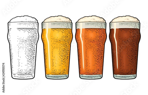 Glass with three types beer. Vintage black and color engraving