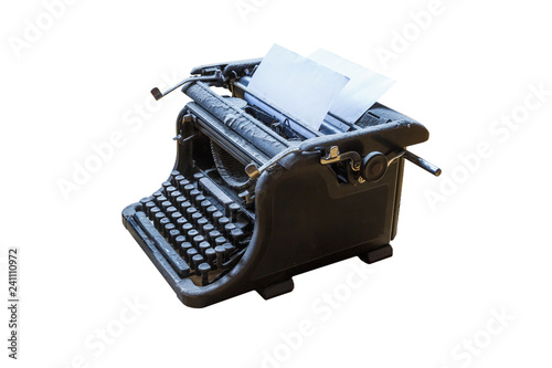 old vintage dust-covered typewriter with sheet of paper isolated on white background