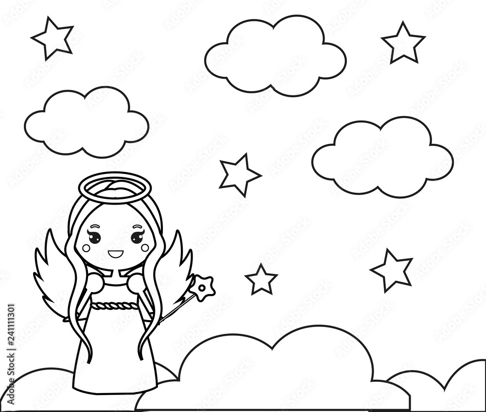 Coloring page with cute angel on clouds. Drawing kids game. Printable ...