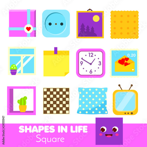 Shapes in life. Square. Learning cards for kids. Educational infographic for children and toddlers. Study geometric shapes