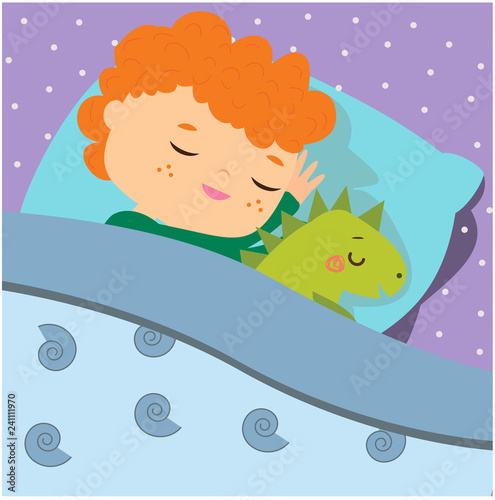 Cute boy sleeping with dino toy. Cartoon kid in bed having sweet dreams. Baby bedtime