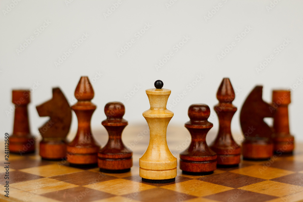 Wooden chess pieces on a chessboard Wooden chess pieces on a chessboard