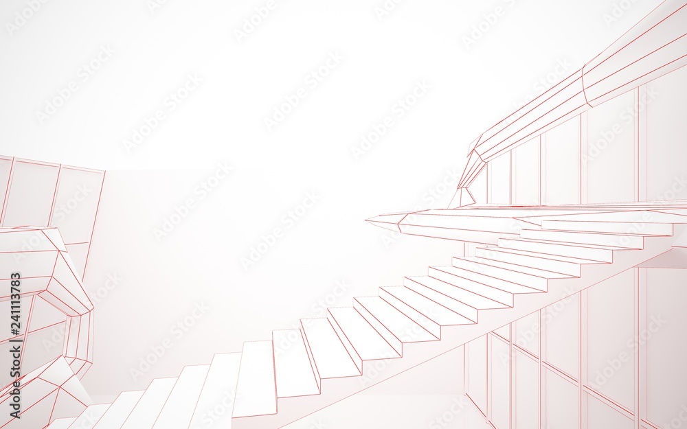 Abstract drawing white interior multilevel public space with window. 3D illustration and rendering. Abstract drawing white interior multilevel public space with window. 3D illustration and rendering.