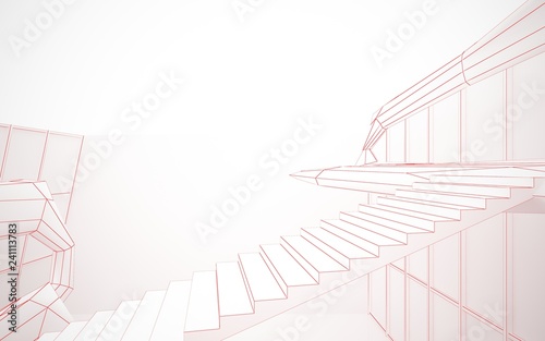 Abstract drawing white interior multilevel public space with window. 3D illustration and rendering.