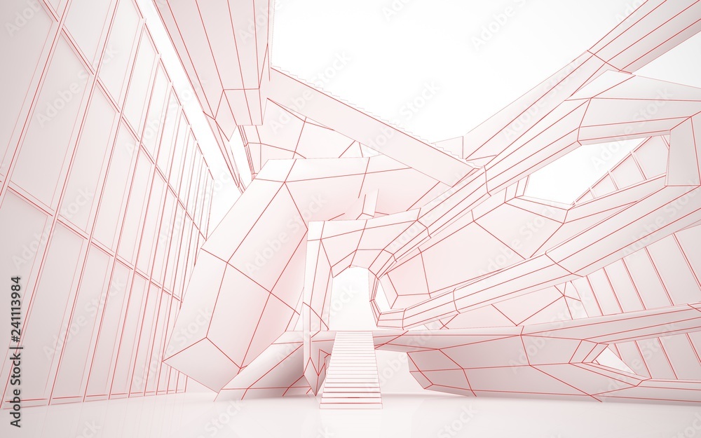 Abstract drawing white interior multilevel public space with window. 3D illustration and rendering.