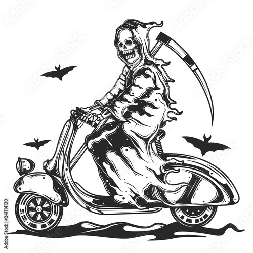Skeleton with a scythe riding a scooter. Original vector illustration. Print for t-shirt or postcard.
