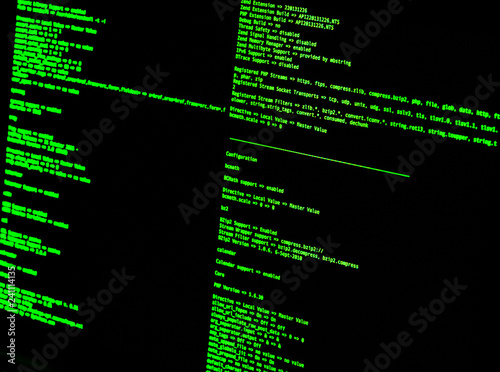 Green code in command line interface on black background. UNIX bash shell photo