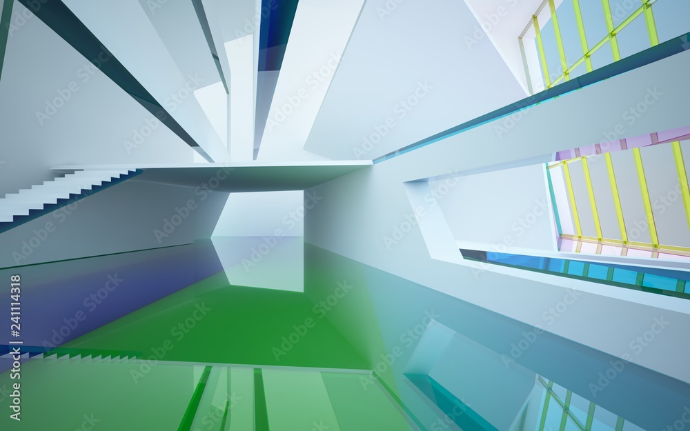 Obraz premium Abstract white and colored gradient glasses interior multilevel public space with window. 3D illustration and rendering.