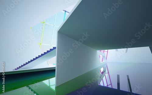 Abstract white and colored gradient glasses interior multilevel public space with window. 3D illustration and rendering.